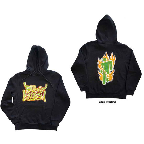 Billie Eilish Unisex Pullover Hoodie: Airbrush Flames Blohsh GRÅ (Back Print)